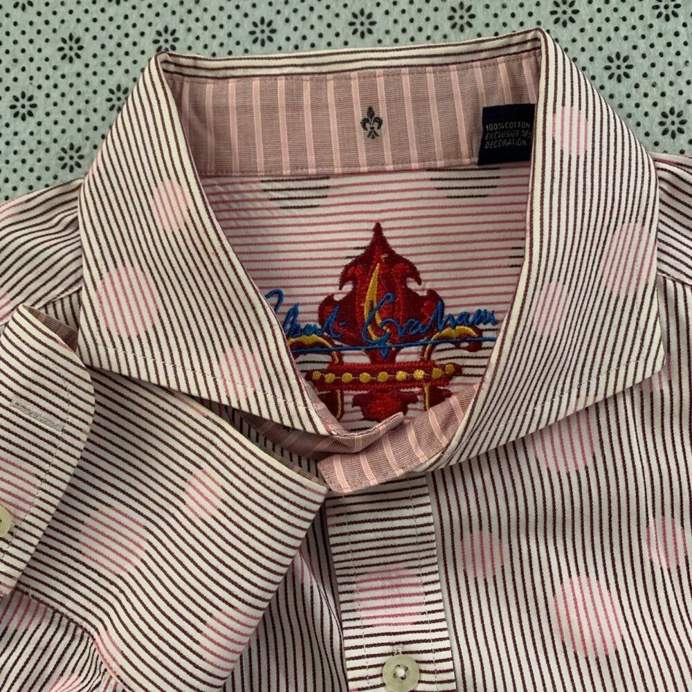 Robert Graham 2XL Striped Polka Dot Button Down Shirt Pink Embroidered Crest